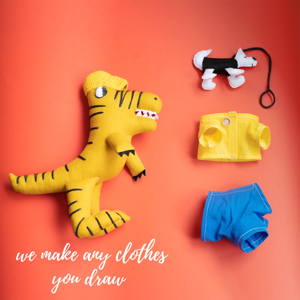 Our custom stuffed animals can have unique clothes.  Everything that is drawn - can be recreated as a custom toy accessories